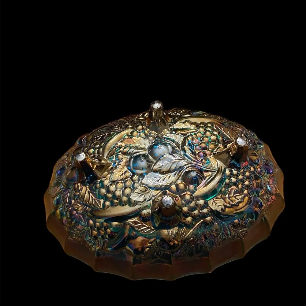 Vintage Indiana Glass Blue Carnival Glass Harvest Grape Footed Oval Bowl